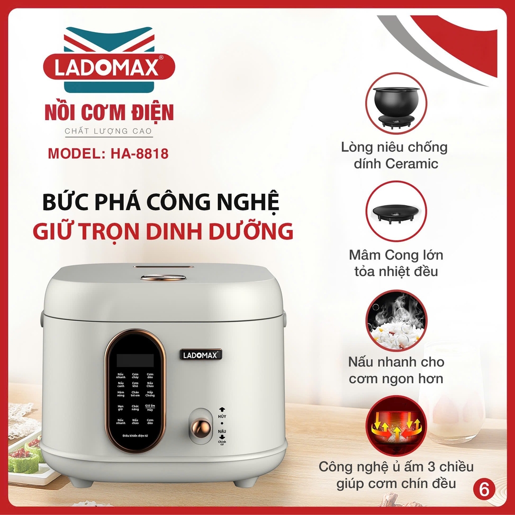 Nồi cơm điện tử 1.8L Ladomax Ha-8818 lòng nhôm, chống dính (1tx4)