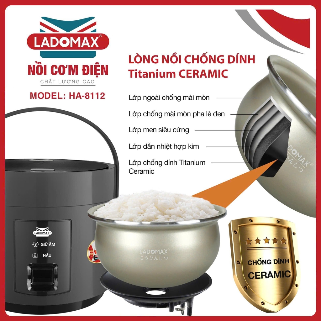 Nồi cơm điện 1.2L giữ ấm 2D Ladomax Ha-8112 (1tx4)