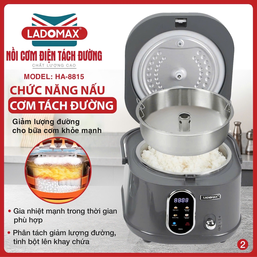 Nồi cơm điện tách đường 1.5L Ladomax Ha-8815, Lòng Inox
