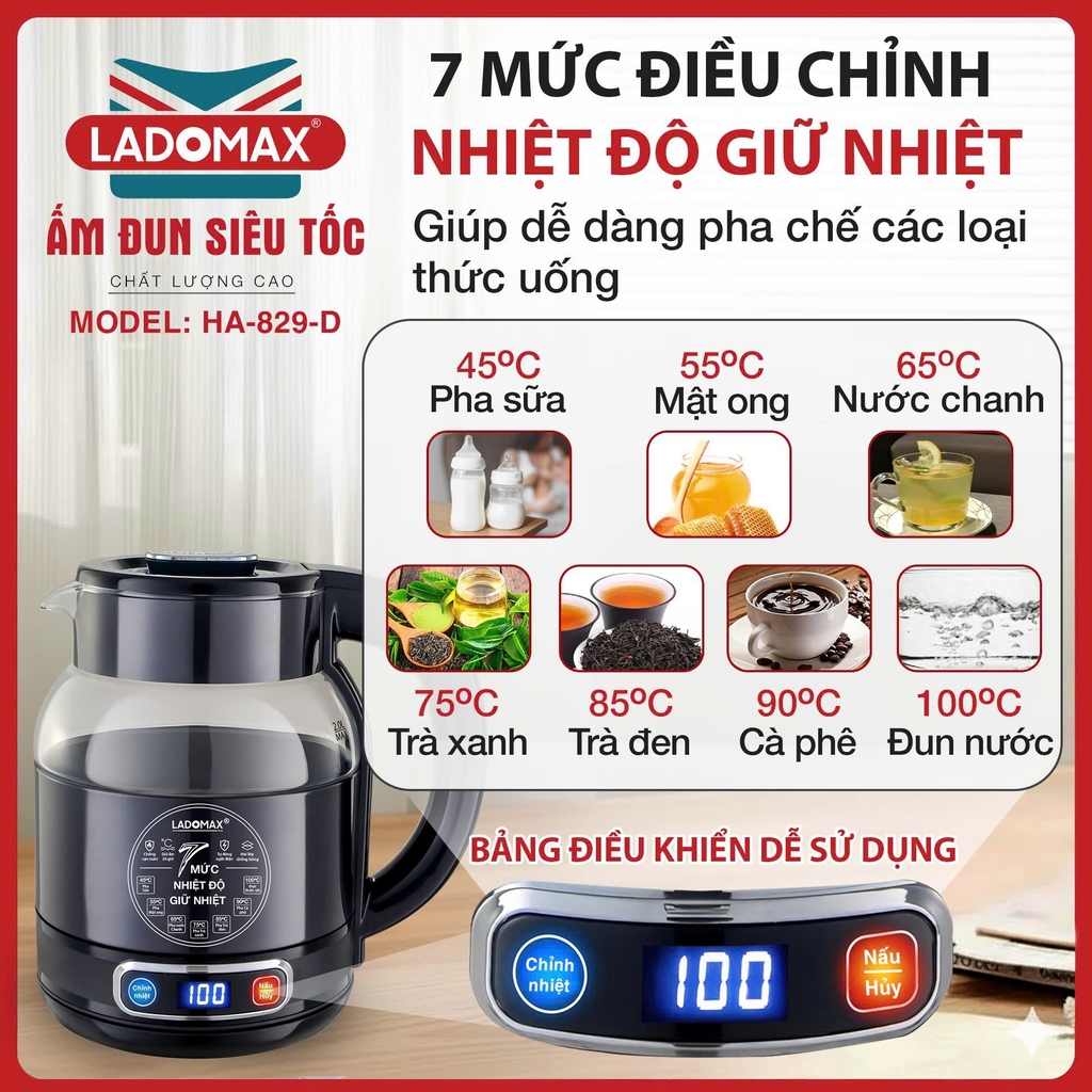 Ấm siêu tốc giữ ấm thủy tinh 2.0L Ladomax Ha-829D, điện tử (1tx12)