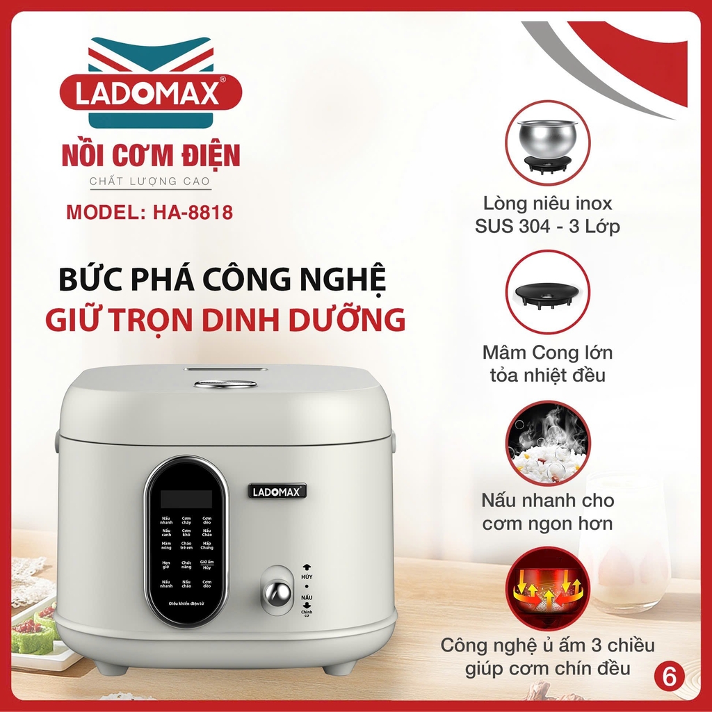 Nồi cơm điện tử 1.8L Ladomax Ha-8818 lòng Inox 3 lớp, chống dính tự thân (1tx4)