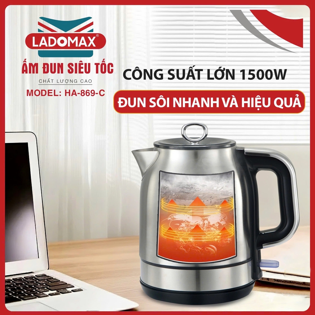 Ấm đun siêu tốc 1.8L inox 304 Ladomax Ha-869C, Cơ (1tx12)