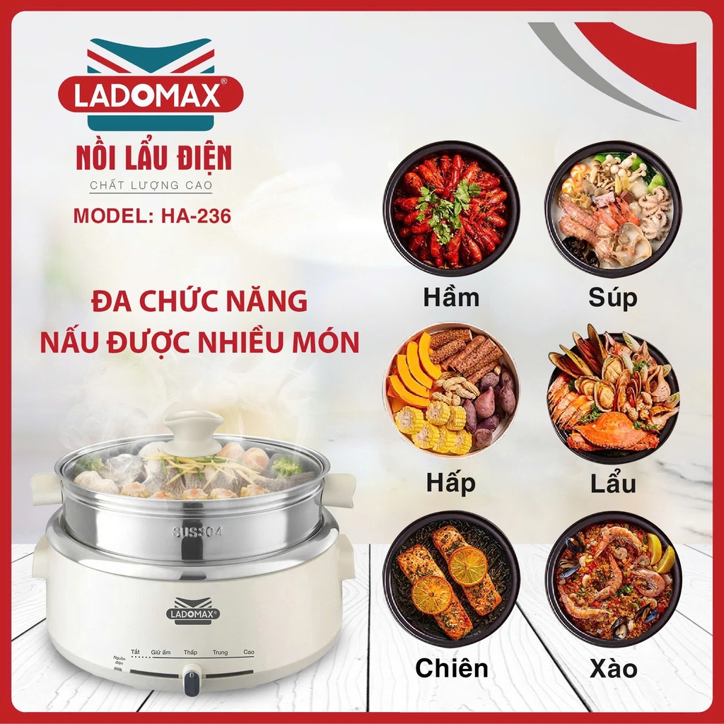 Lẩu điện lòng rời inox 4L có xững hấp Ladomax Ha-236 (1tx1)