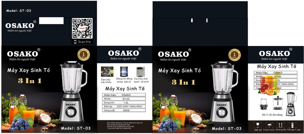 Máy xay sinh tố 3 cối Osako ST03, 450W (1tx4)