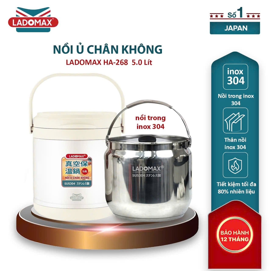 Nồi ủ chân không 5L Ladomax Ha-268, Inox 304