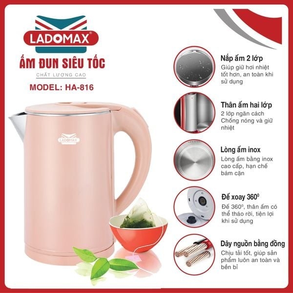 Ấm đun siêu tốc 2 lớp Ladomax Ha-816 (1tx16)