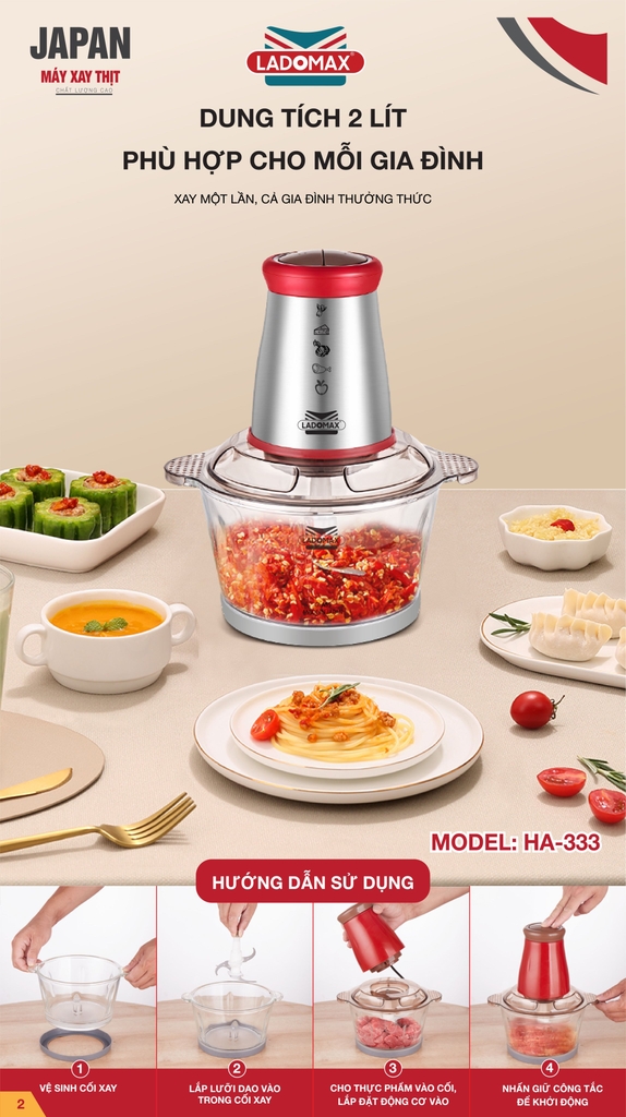 Máy xay thịt cối thủy tinh 2.0L Ladomax Ha-333INOX, 400W, thân máy inox (1tx8)