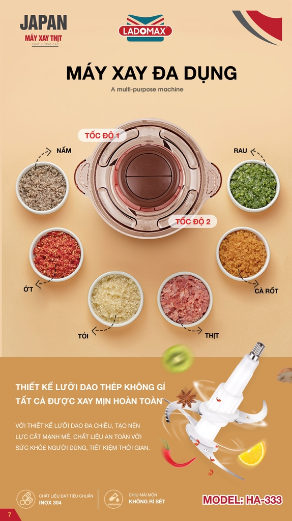 Máy xay thịt cối thủy tinh 2.0L Ladomax Ha-333INOX, 400W, thân máy inox (1tx8)