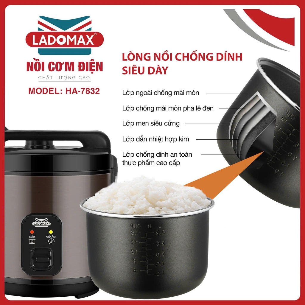 Nồi cơm điện 3.2L Ladomax Ha-7832 (1tx2)