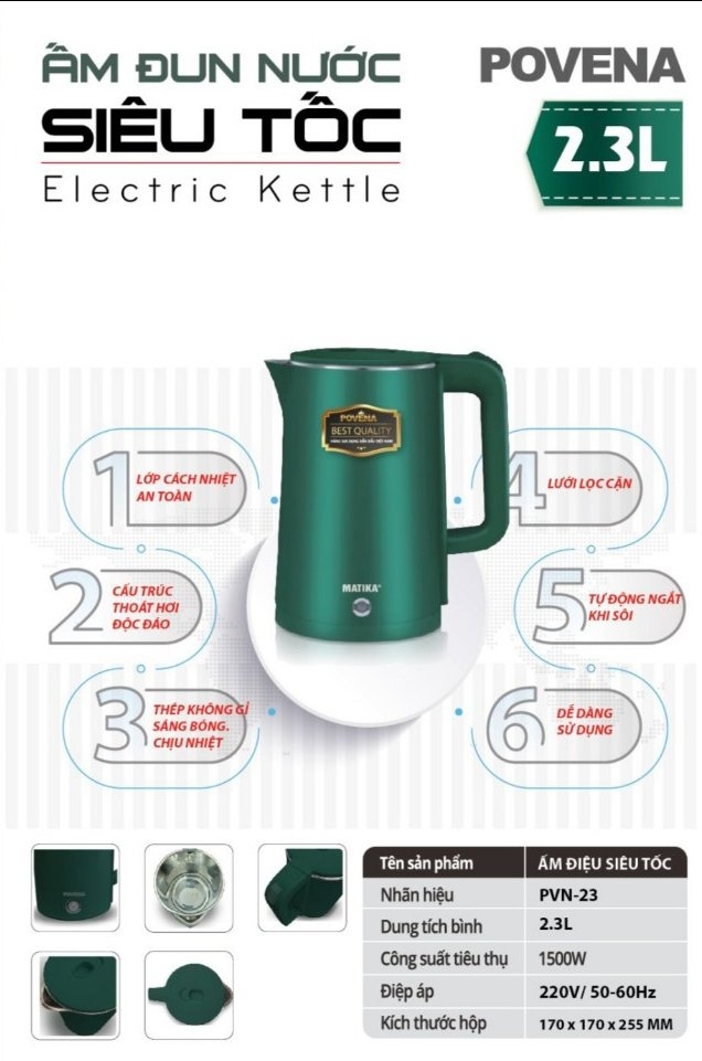 Ấm đun siêu tốc 2.3L Povena PVN23 (1tx12)
