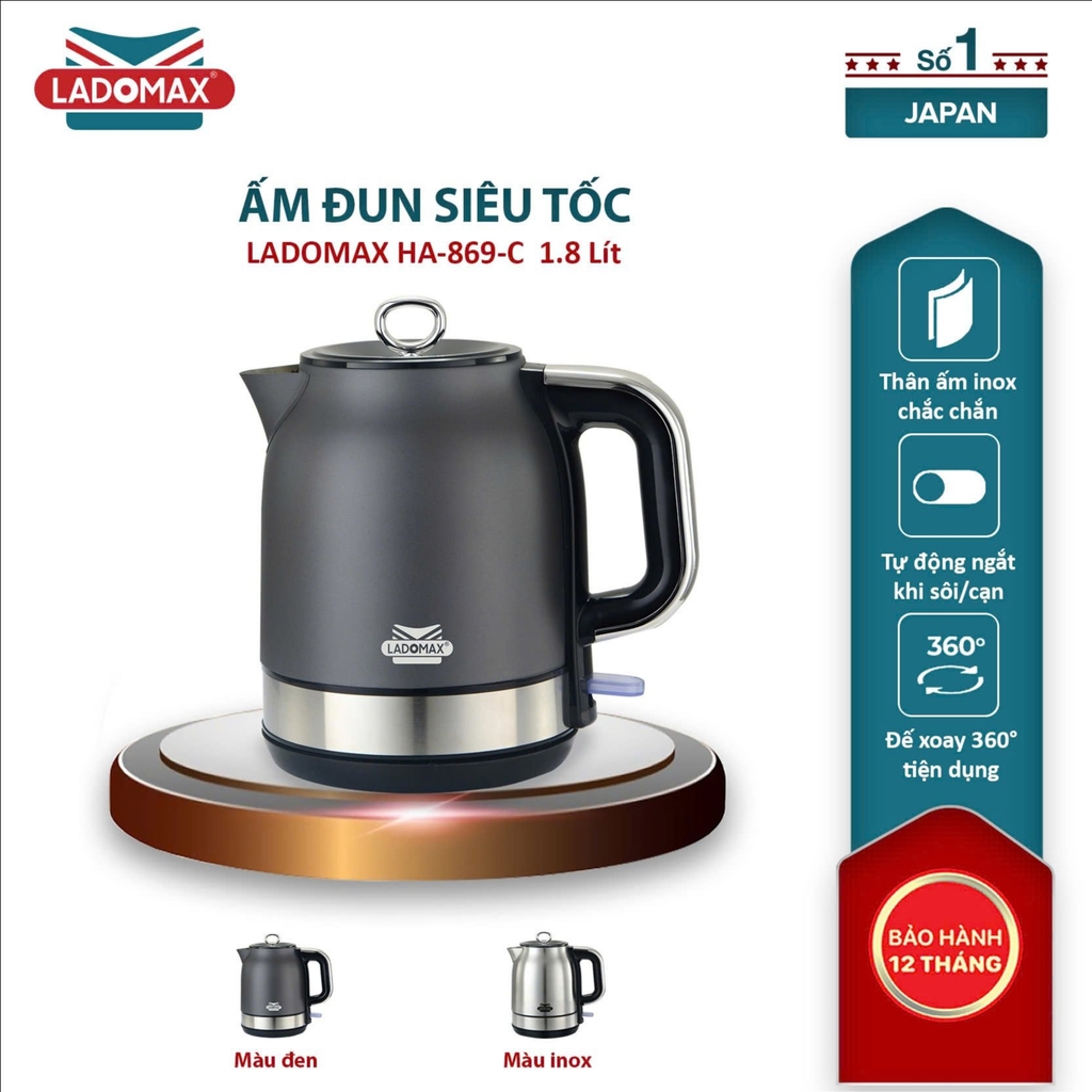 Ấm đun siêu tốc 1.8L inox 304 Ladomax Ha-869C, Cơ (1tx12)