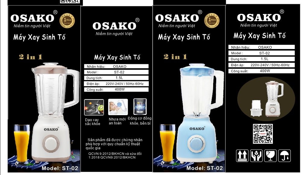 Máy xay sinh tố 2 cối nhựa Osako ST02, 400W, (1tx6)