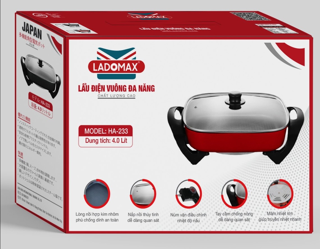 Lẩu điện vuông 4.0L Ladomax Ha-233V, Vuông (1tx6)