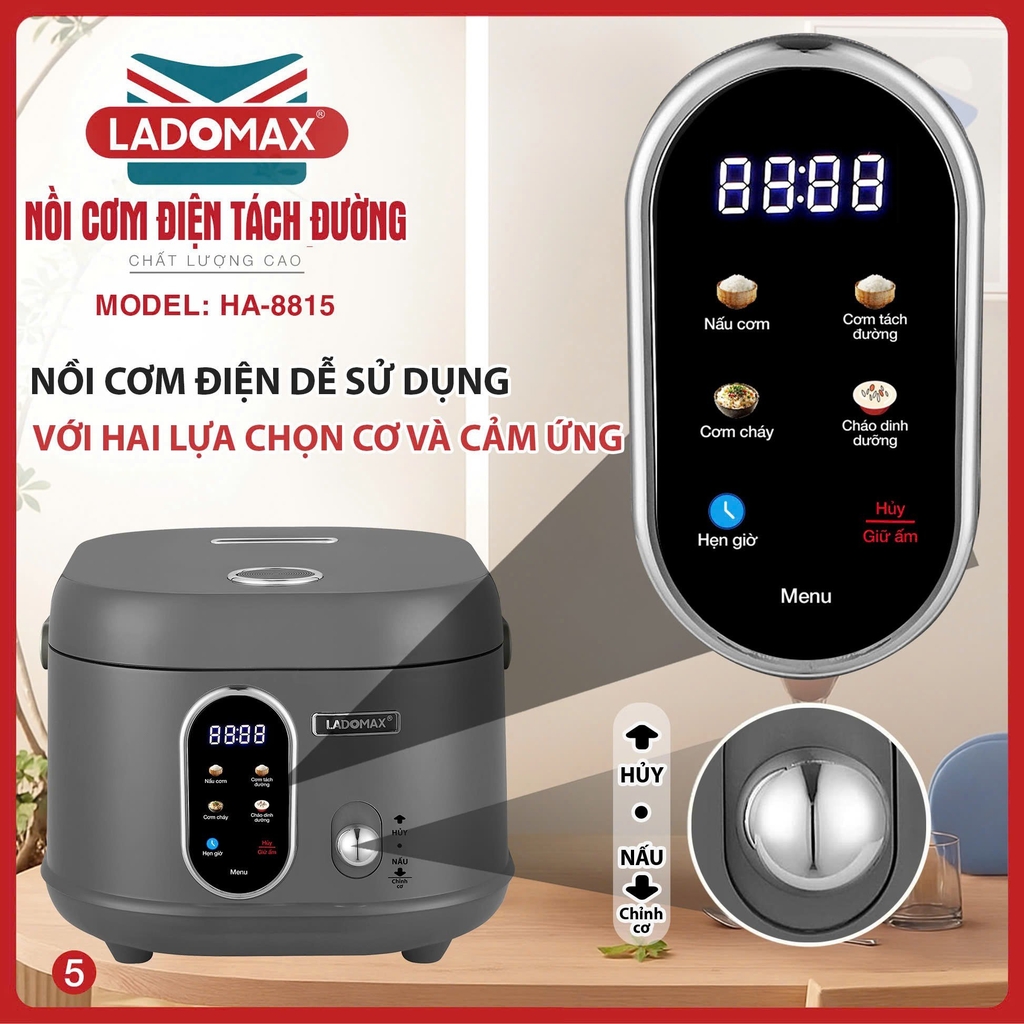 Nồi cơm điện tách đường 1.5L Ladomax Ha-8815, Lòng Inox