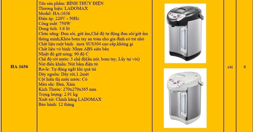 Bình thủy điện 3.6L Ladomax Ha-1636 (1tx6)