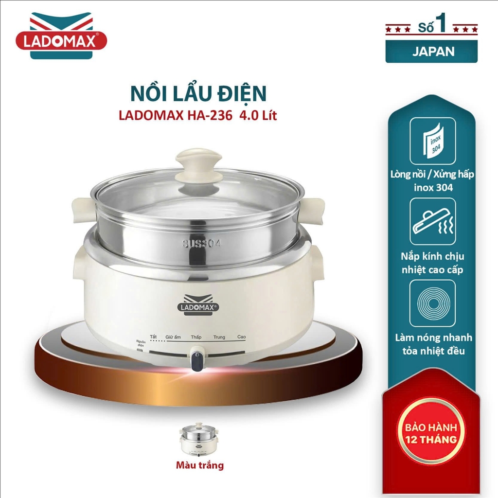 Lẩu điện lòng rời inox 4L có xững hấp Ladomax Ha-236 (1tx1)
