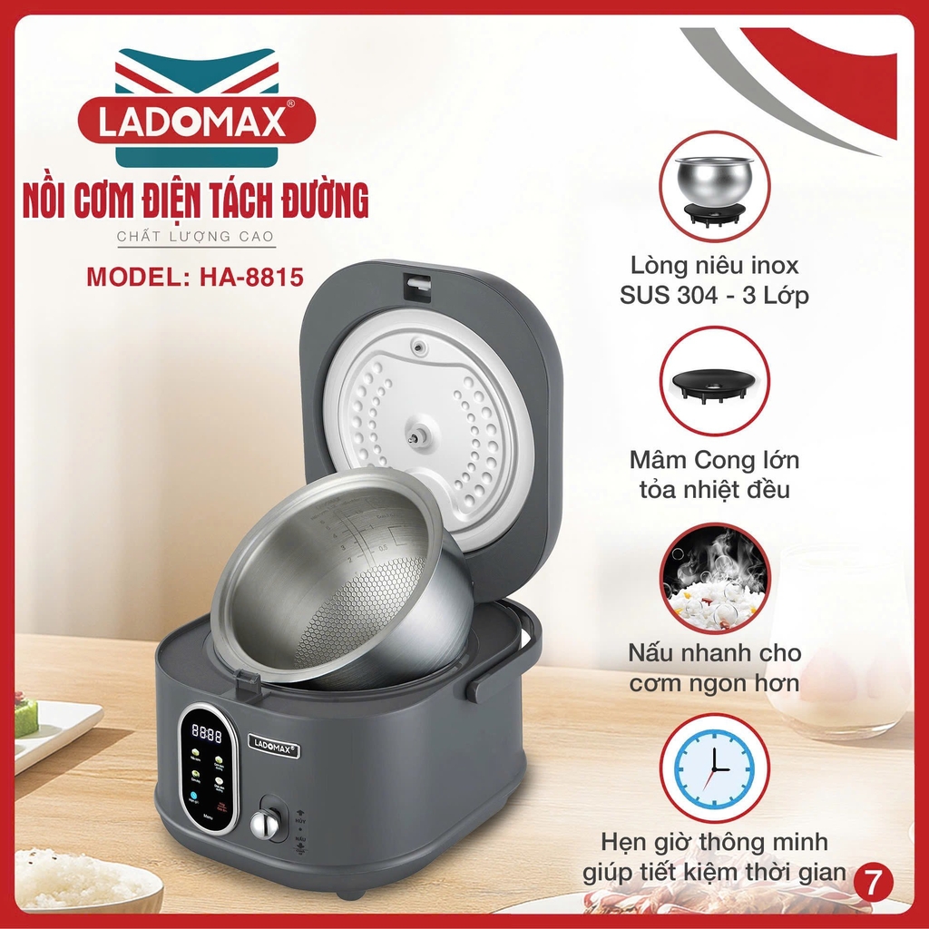 Nồi cơm điện tách đường 1.5L Ladomax Ha-8815, Lòng Inox