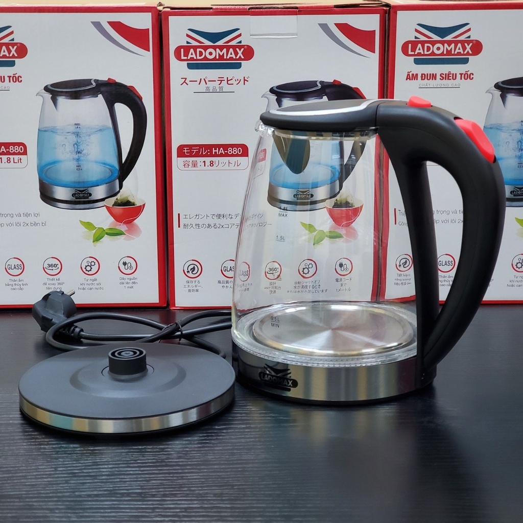 Ấm đun siêu tốc Thủy Tinh 1.8L Ladomax Ha-880 (1tx12)