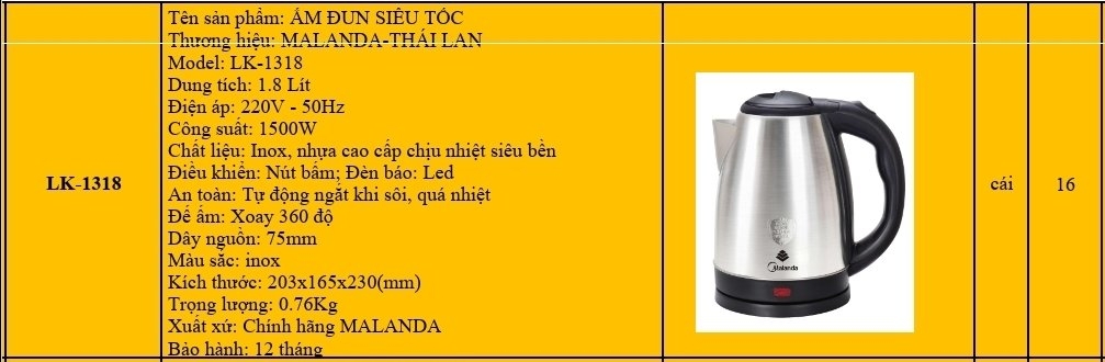 Ấm đun siêu tốc 1.8L Malanda LK-1318 (1tx16)