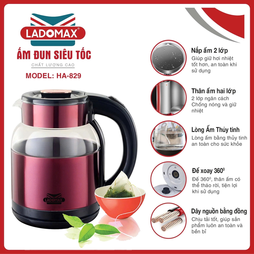 Ấm đun siêu tốc thủy tinh Ladomax Ha-829 (1tx12)