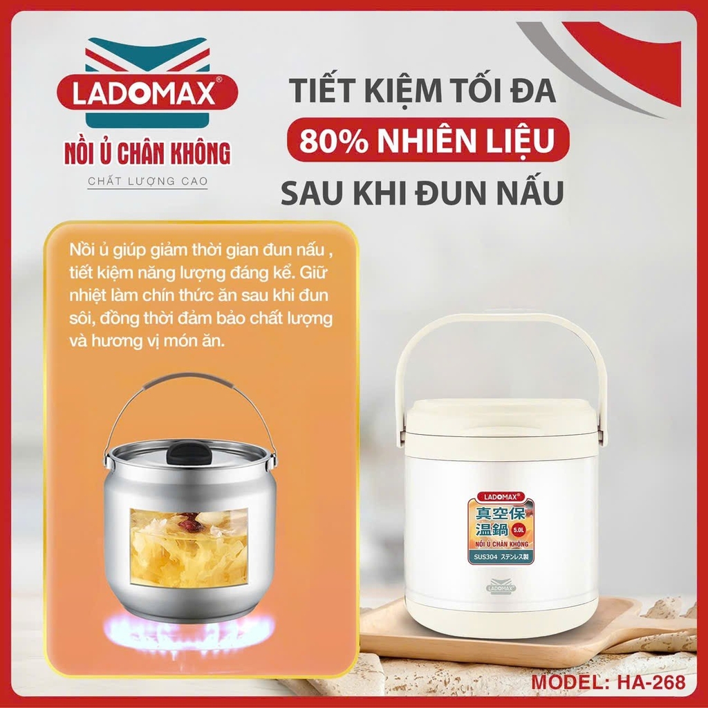 Nồi ủ chân không 5L Ladomax Ha-268, Inox 304