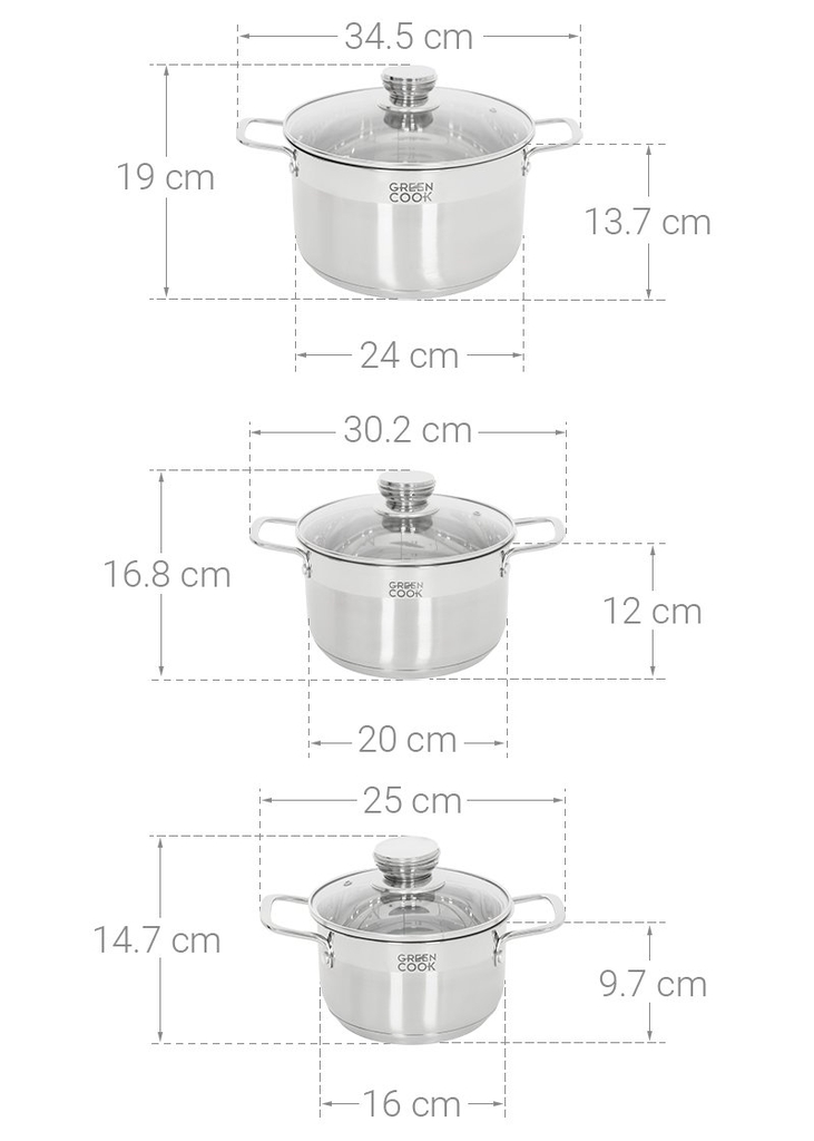 Bộ 3 nồi inox 5 đáy Greencook GCS232-T1 (1tx4)
