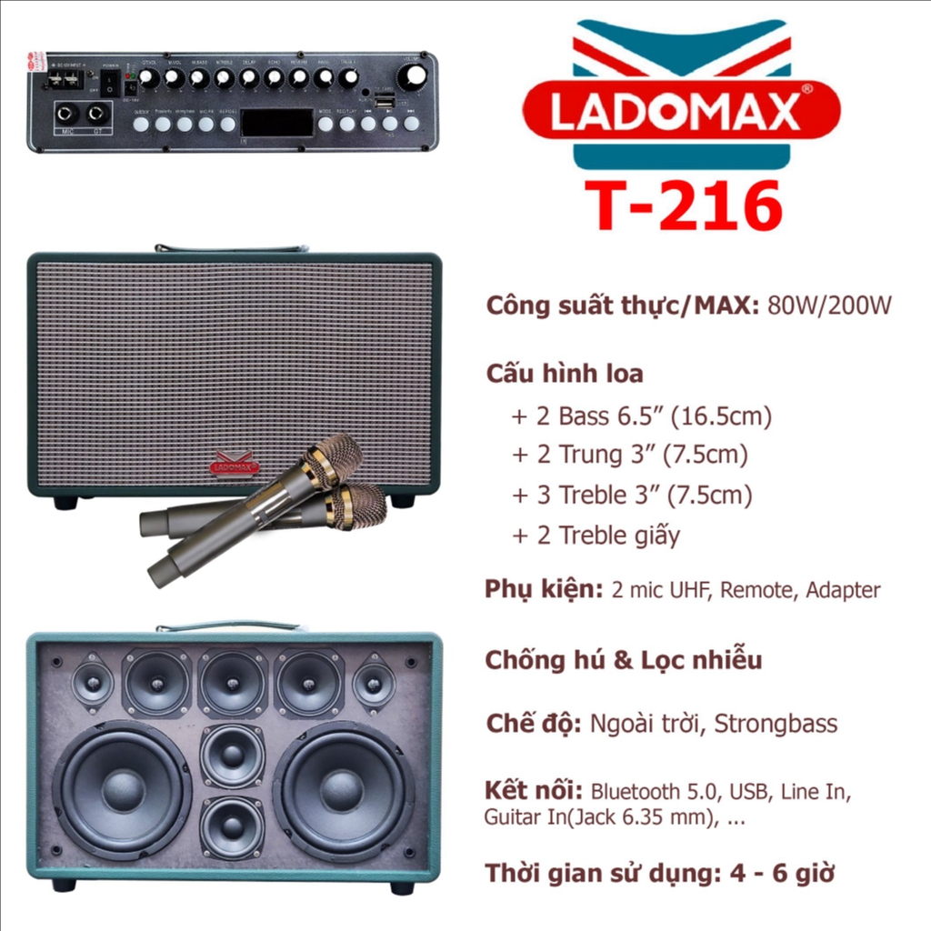 Loa xách tay bass đôi 16cm Ladomax T-216(DSP)
