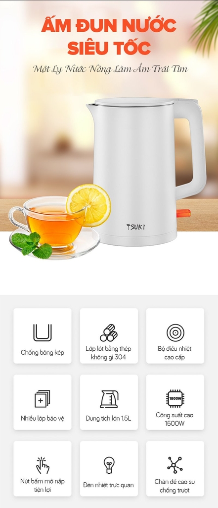 Ấm đun siêu tốc 1.5L Tsuki TS-DS01-W (1tx12)