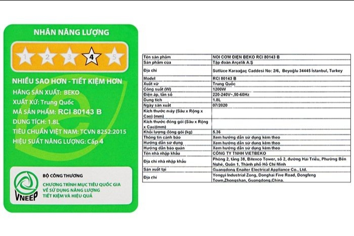 Nồi cơm cao tần cao cấp 1.8L Beko RCI80143B (1tx2)