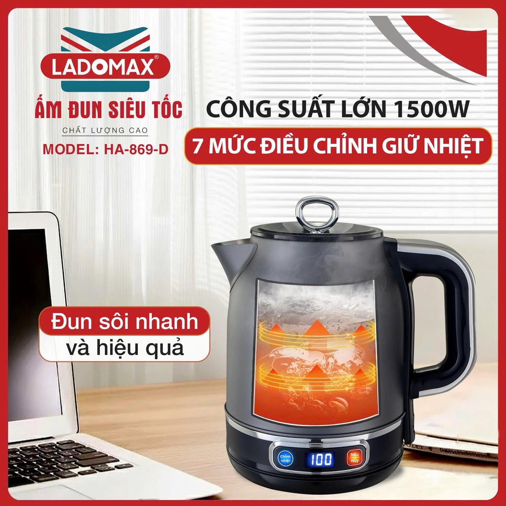 Ấm đun siêu tốc giữ nhiệt 1.8L Inox 304 Ladomax Ha-869D, điện tử (1tx12)