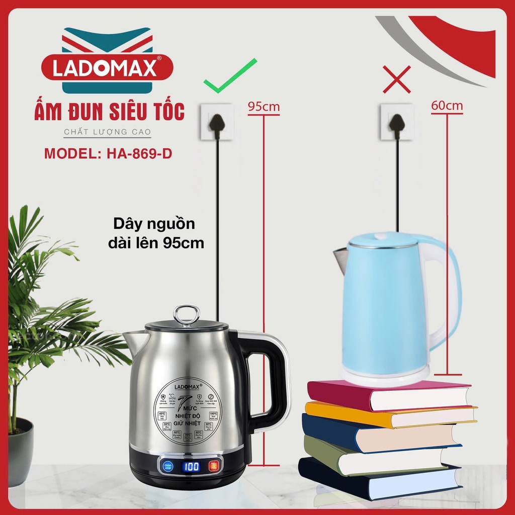 Ấm đun siêu tốc giữ nhiệt 1.8L Inox 304 Ladomax Ha-869D, điện tử (1tx12)
