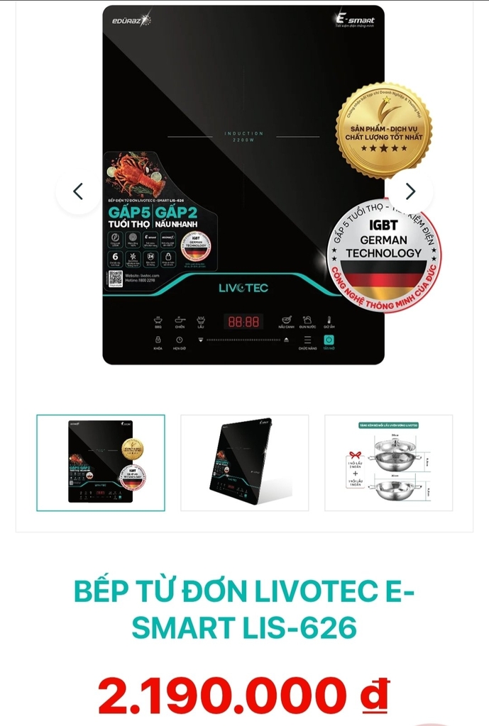Bếp điện từ Livotec E-smart LIS-626 (1tx6)