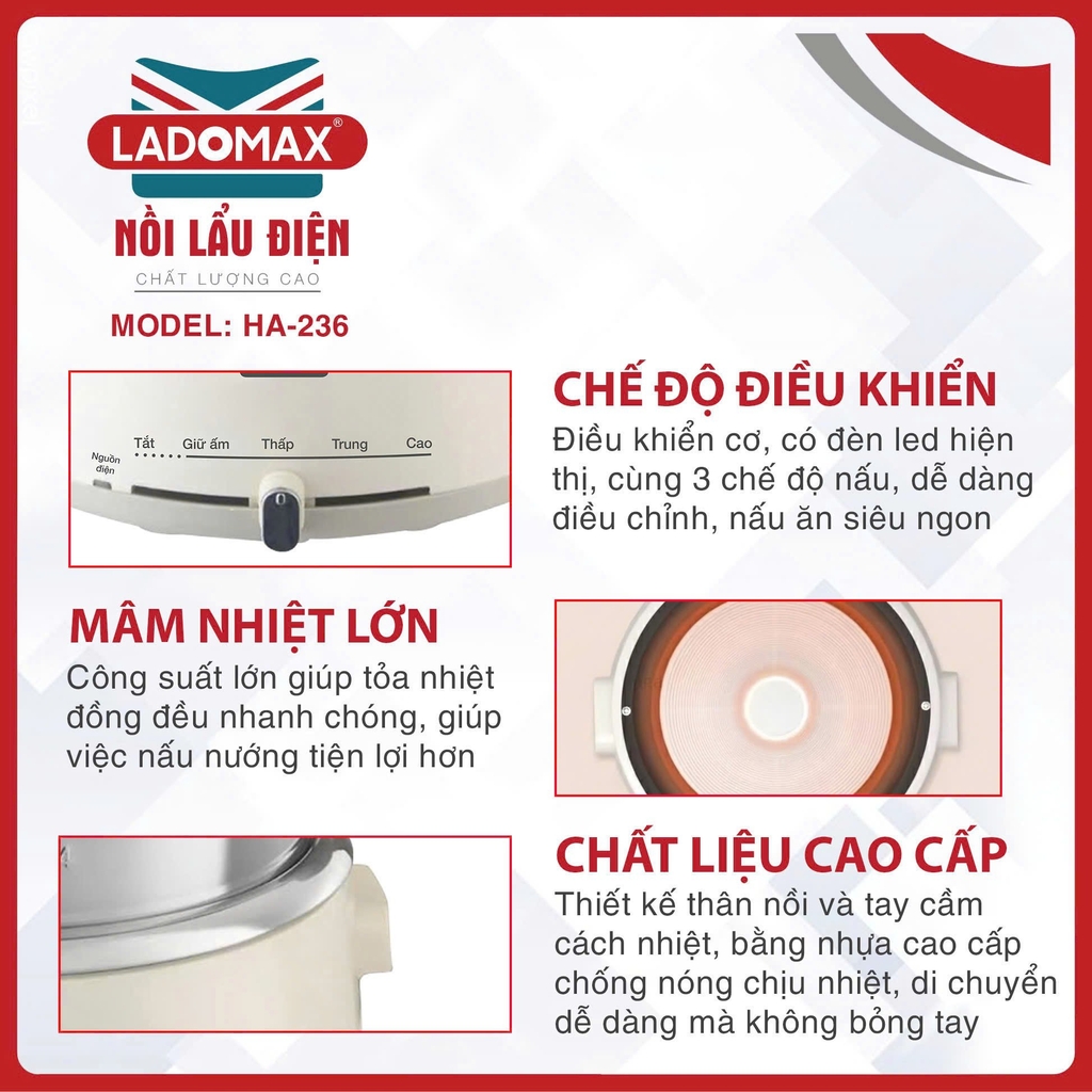 Lẩu điện lòng rời inox 4L có xững hấp Ladomax Ha-236 (1tx1)