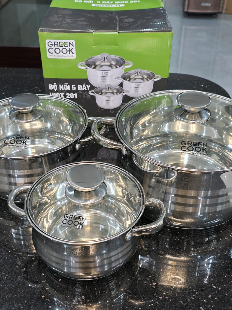 Bộ 3 nồi inox 201 5 đáy Greencook GCS251-T1
