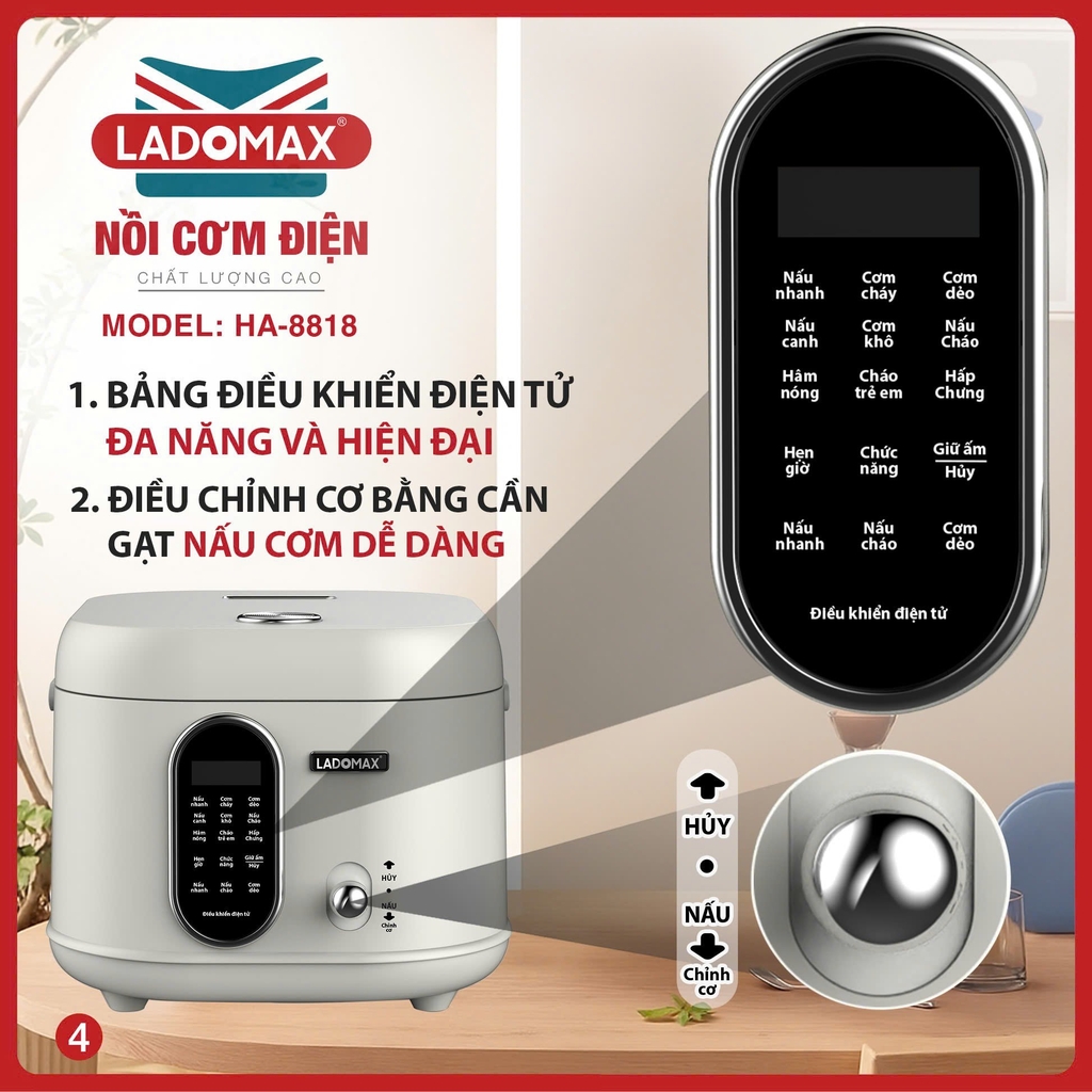 Nồi cơm điện tử 1.8L Ladomax Ha-8818 lòng Inox 3 lớp, chống dính tự thân (1tx4)