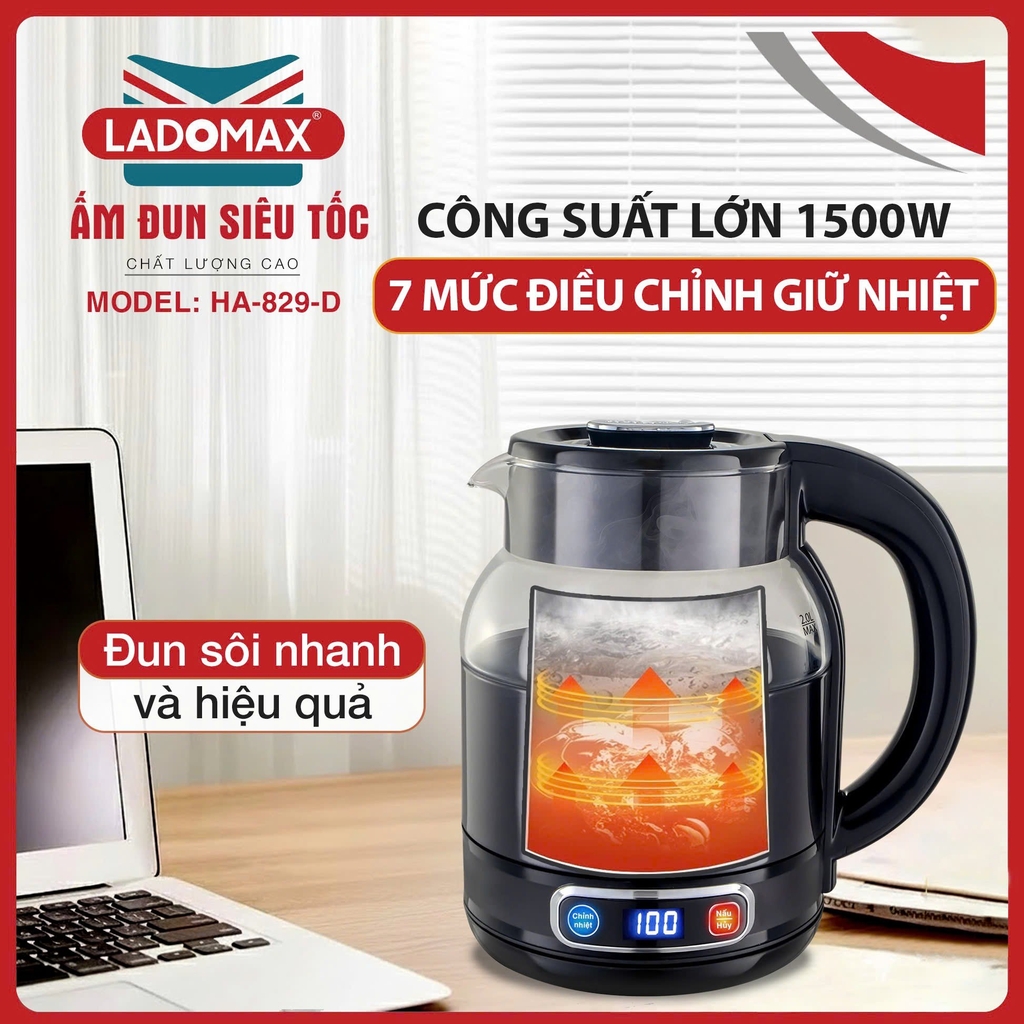 Ấm siêu tốc giữ ấm thủy tinh 2.0L Ladomax Ha-829D, điện tử (1tx12)