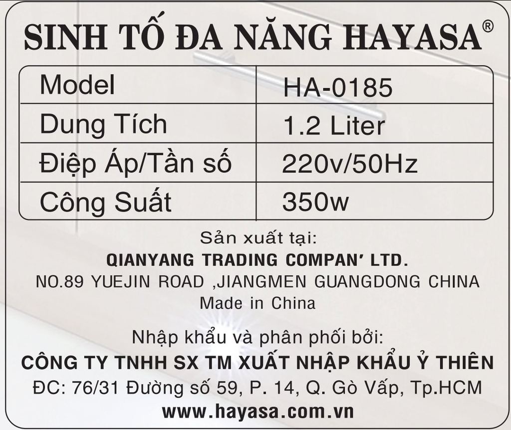 Sinb tố 2 cối thủy tinh Hayasa Ha-0185, 350W, (1tx6)