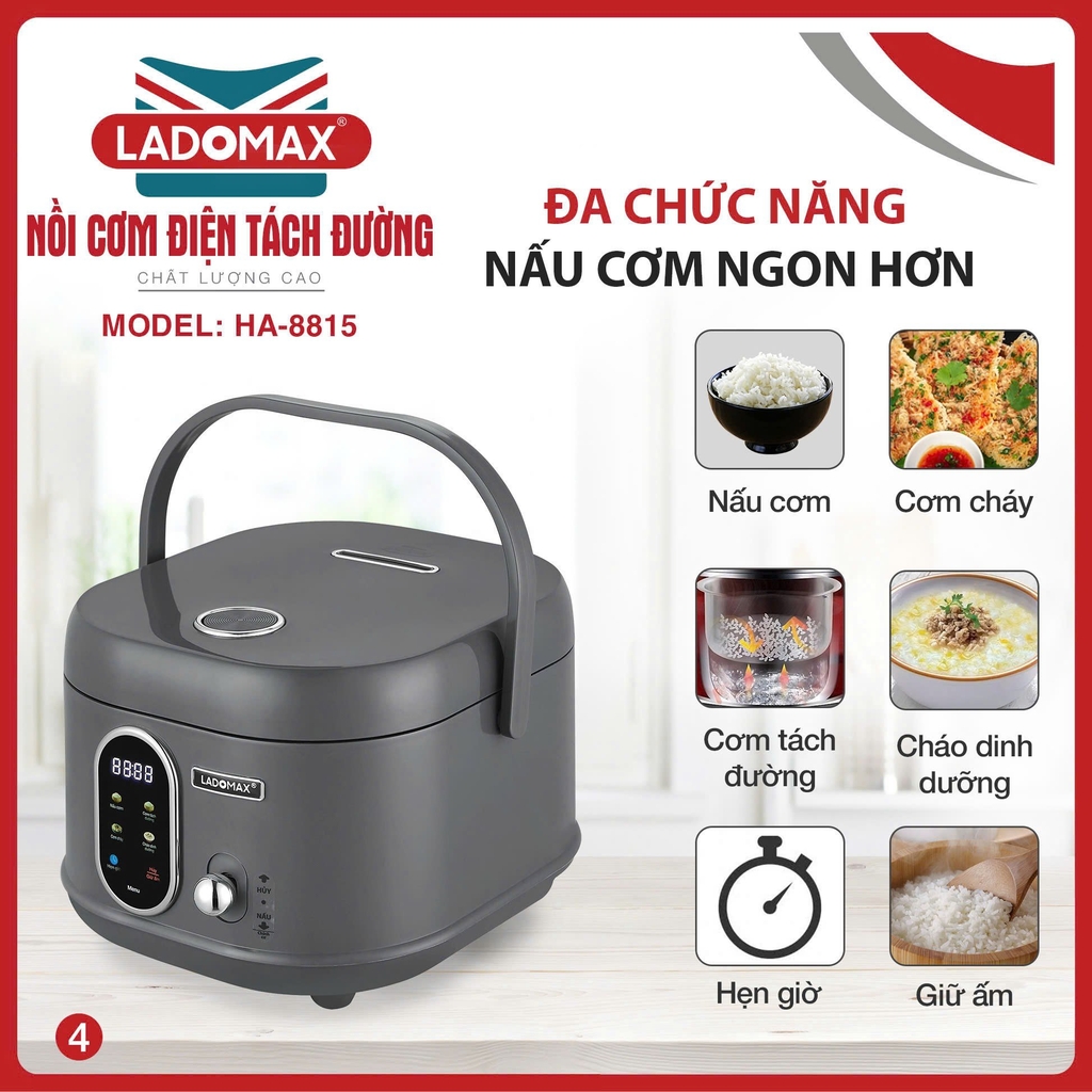 Nồi cơm điện tách đường 1.5L Ladomax Ha-8815, Lòng Inox