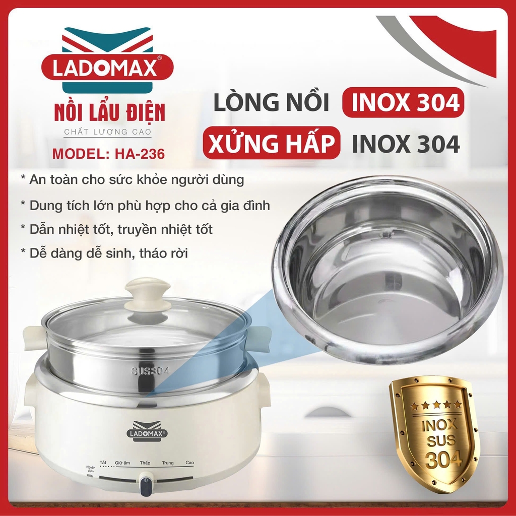 Lẩu điện lòng rời inox 4L có xững hấp Ladomax Ha-236 (1tx1)