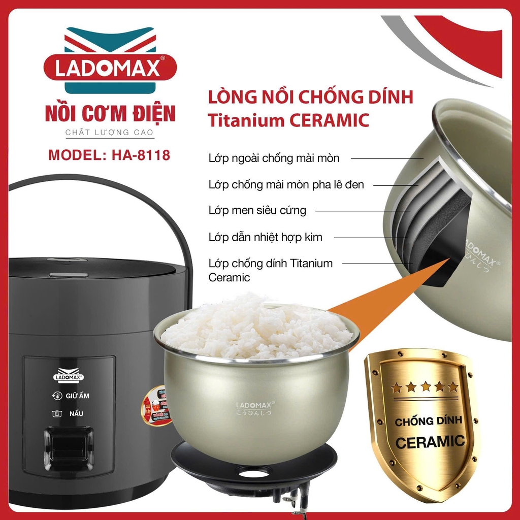 Nồi cơm điện 1.8L giữ ấm 3D Ladomax Ha-8118 (1tx4)