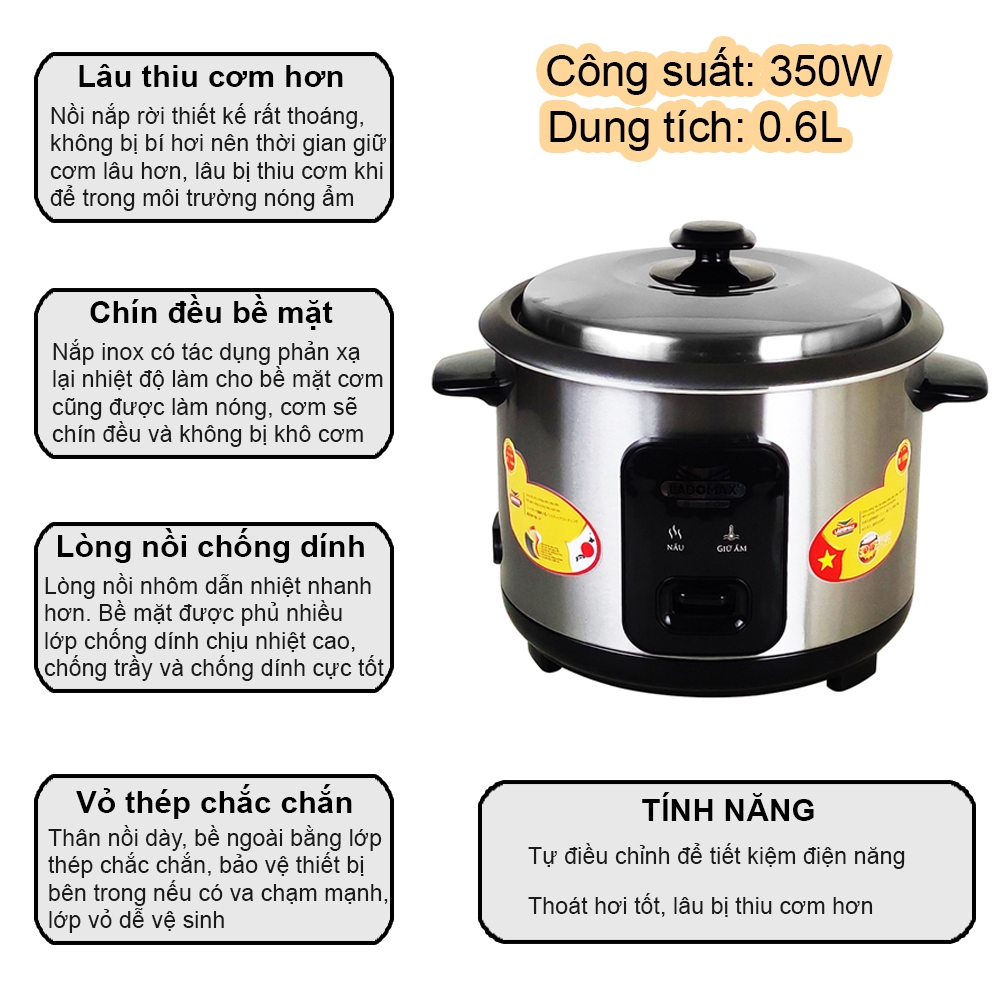 Nồi cơm điện 0.6L nắp rời Ladomax Ha-7106 (1tx12)