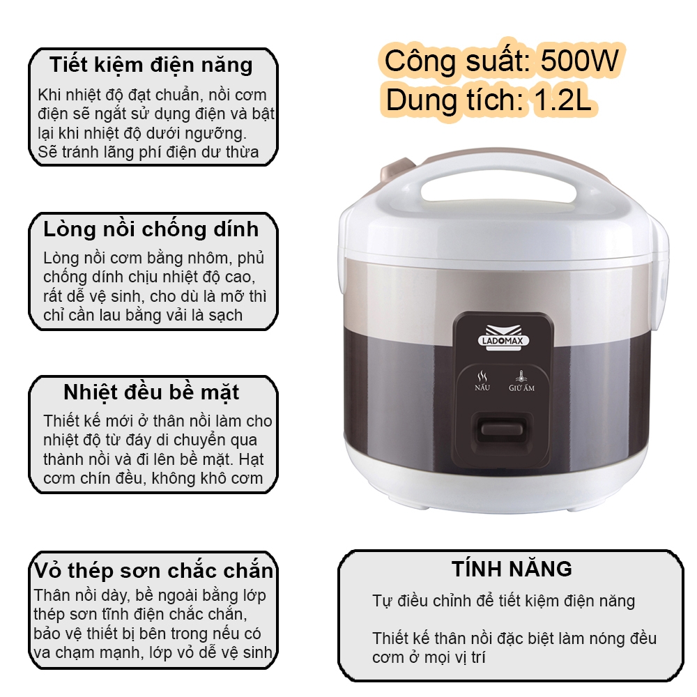 Nồi cơm điện 1.2L Ladomax Ha-7712 (1tx6)