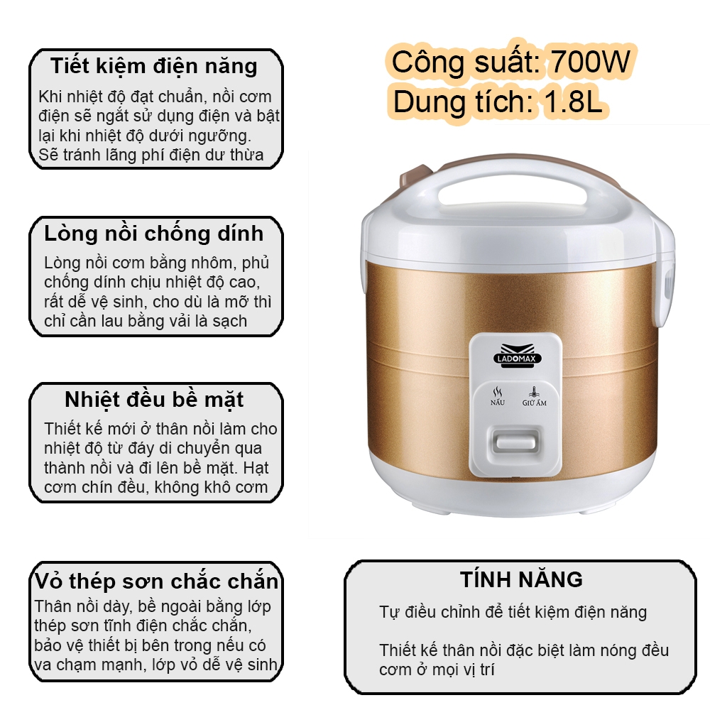 Nồi cơm điện 1.8L Ladomax Ha-7718 (1tx6)