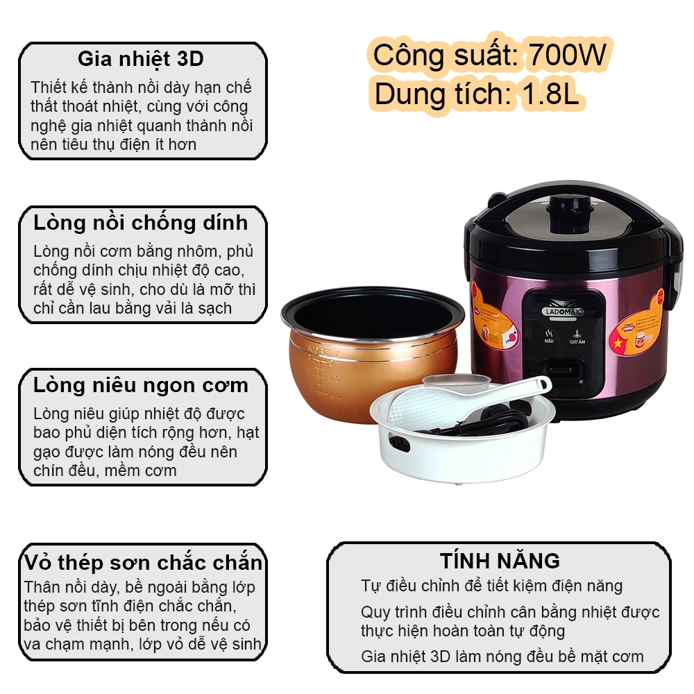 Nồi cơm điện 1.8L Ladomax HA-7818