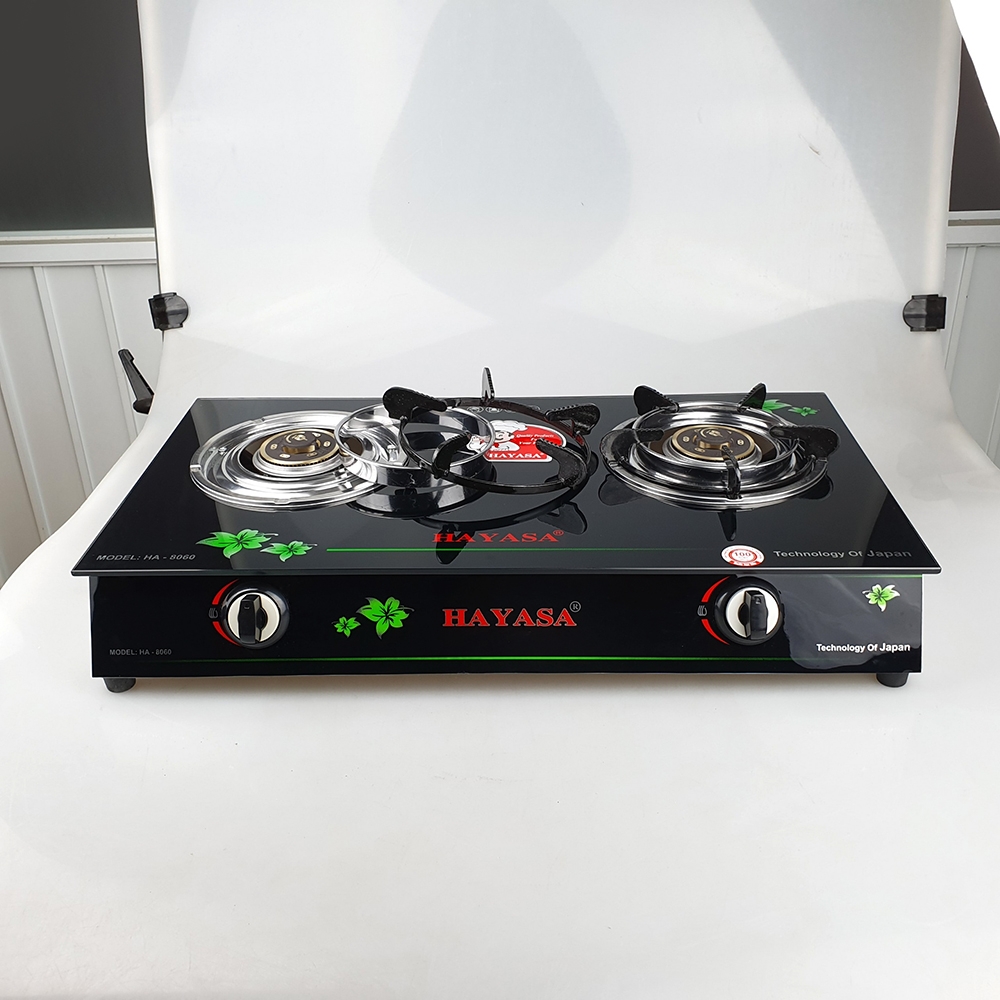 Bếp ga đôi Hayasa Ha-8060 đầu đốt đồng, mặt kính cường lực chịu nhiệt