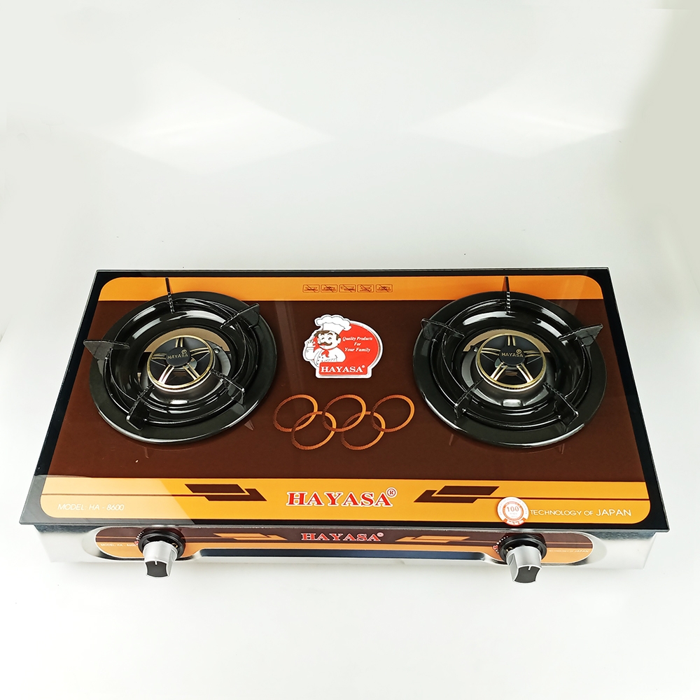 Bếp ga kiếng đôi Hayasa Ha-8600 đầu đốt đồng, mâm kiềng rời có khay hứng và vòng chắn gió