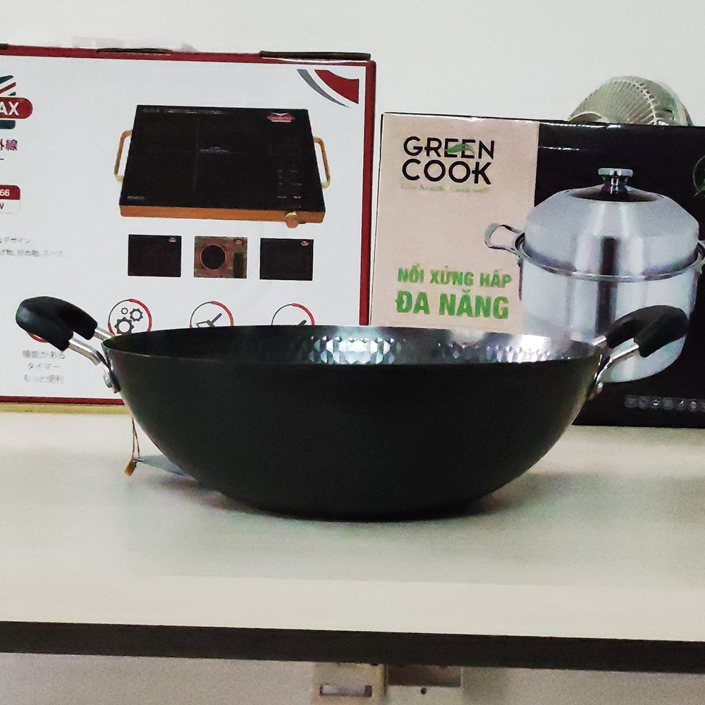 Chảo xào thép vân kim cương 32cm Greencook GCW02-32IH (1tx10)