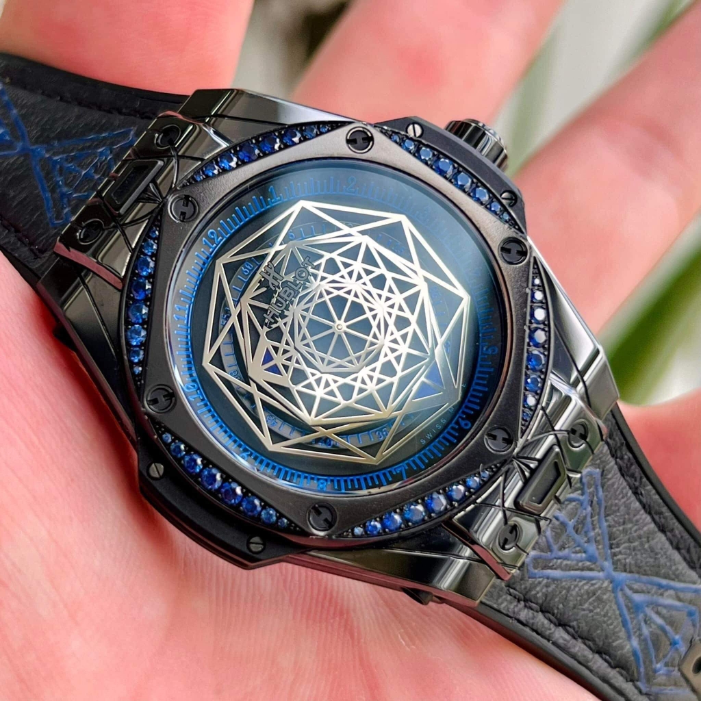 ng h HUBLOT ONE CLICK BIG BANG SANG BLEU ALL BLACK BLUE 39MM Diamond Watch