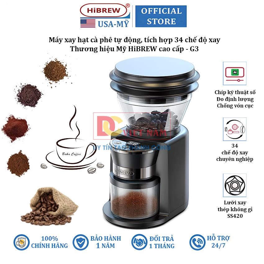 Máy xay hạt cà phê tự động, tích hợp 34 chế độ xay. Thương hiệu Mỹ cao cấp HiBREW - G3