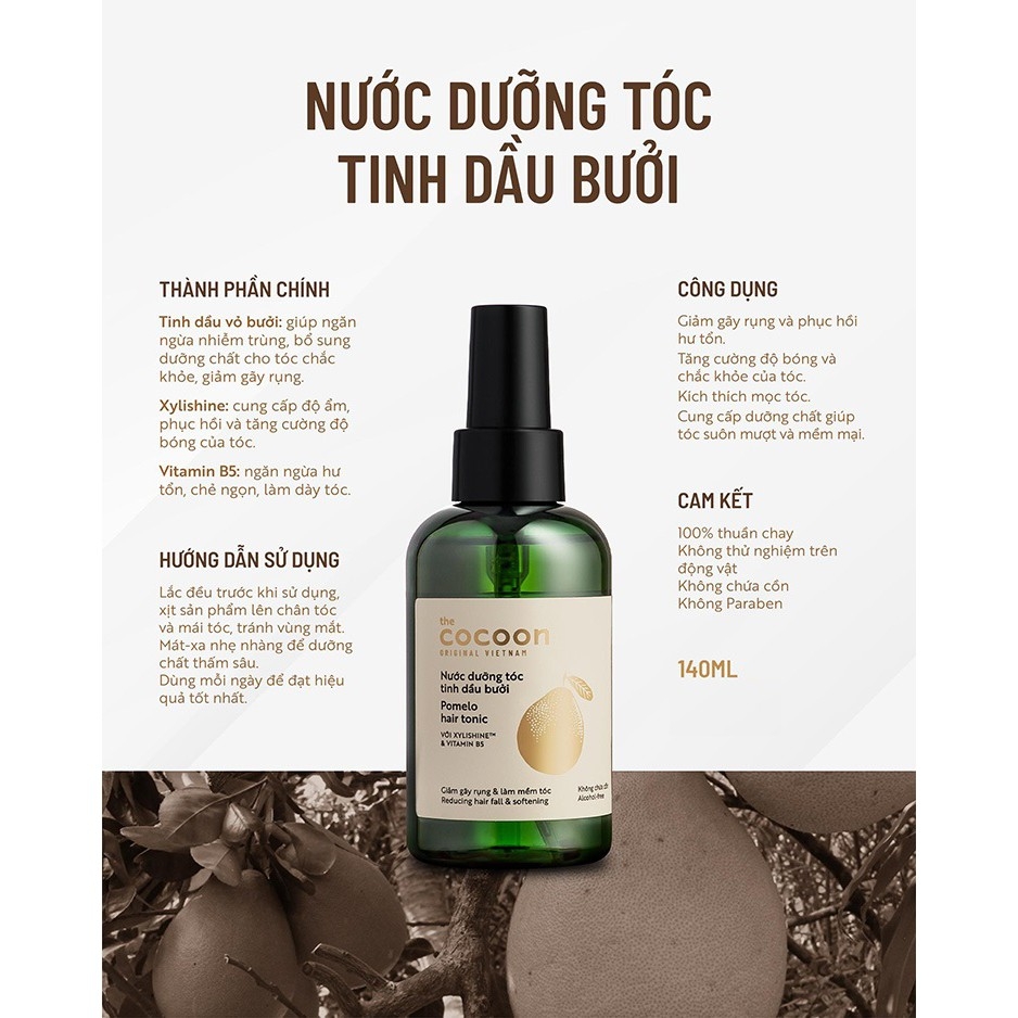Nước Dưỡng Tóc Tinh Dầu Bưởi Cocoon, Tinh dầu dưỡng tóc dài, khỏe 140ml